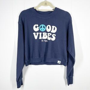 NWT Unwind by League Blue Cropped Ribbed Knit Good Vibes Long Sleeve Sweater S